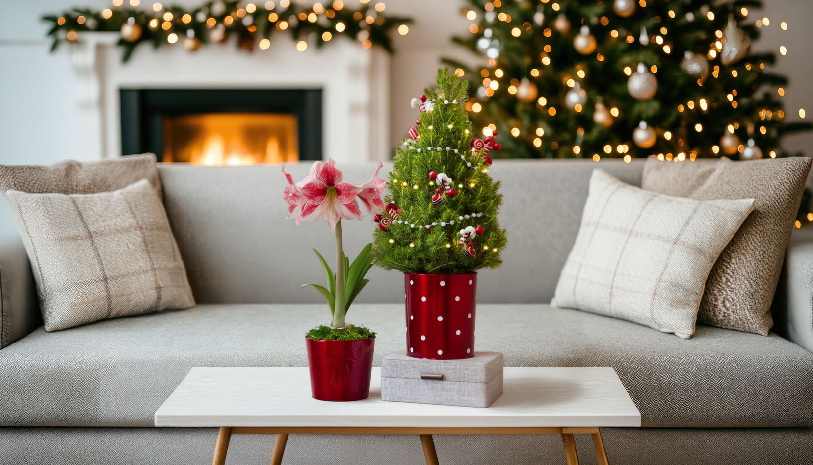 Red amaryllis arranged on a desk in a bright office