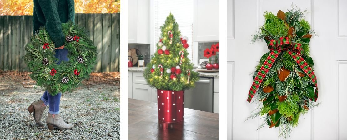 evergreen wreaths and garland holiday presents