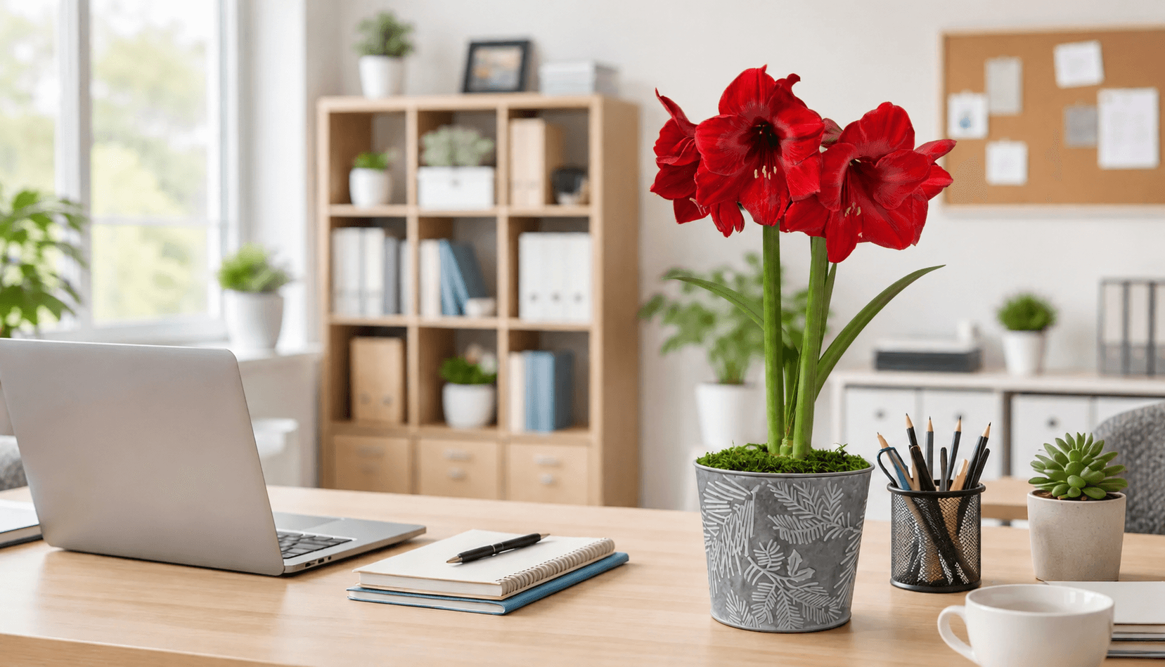 Red amaryllis arranged on a desk in a bright office