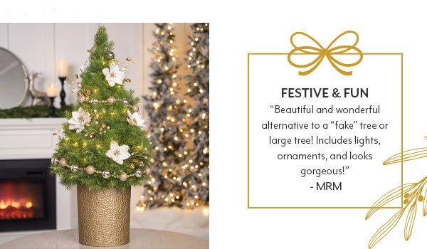 classic mini Christmas tree with gold and white decorations