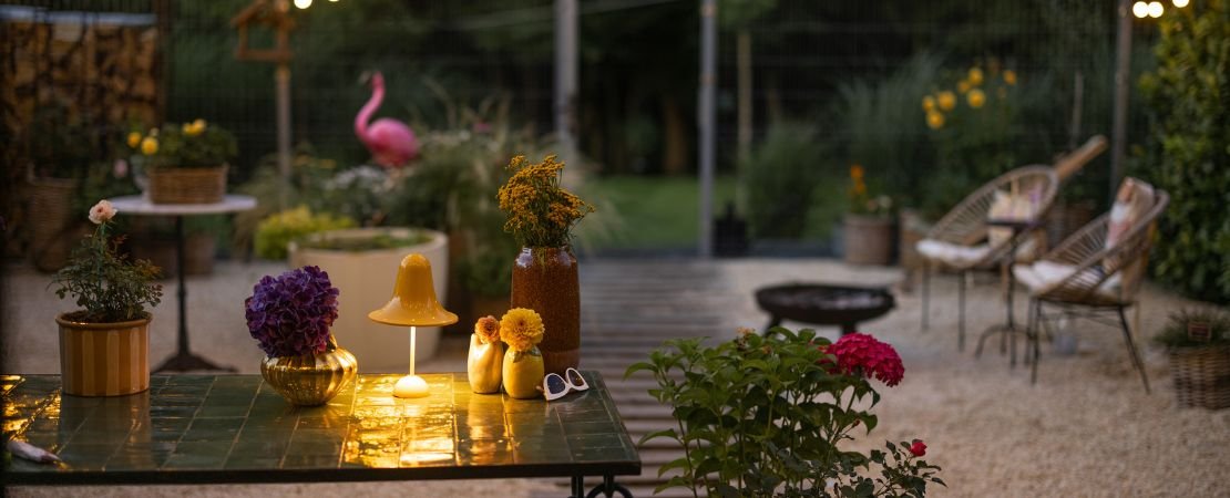 a peaceful nighttime patio garden