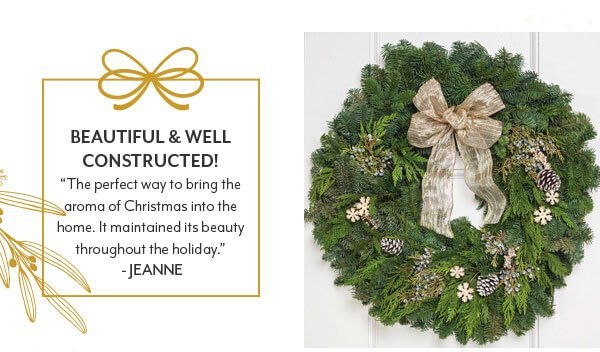 traditional evergreen wreath with customer testimonial