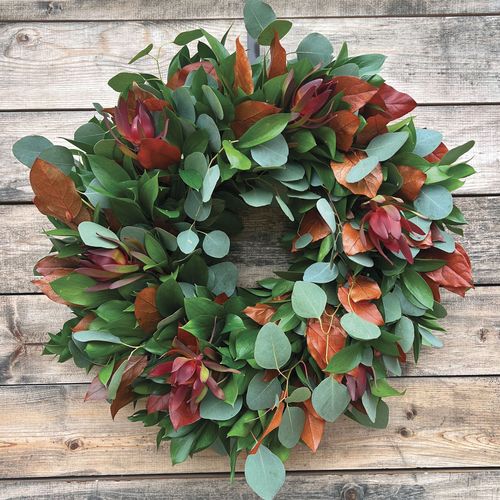 Fresh Ruscus, Eucalyptus, Red Safari and Preserved Orange Salal Wreath Image